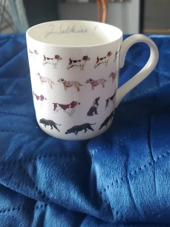 White Dog Pattern Ceramic Mug with Walkies Script - Picture 3 of 3